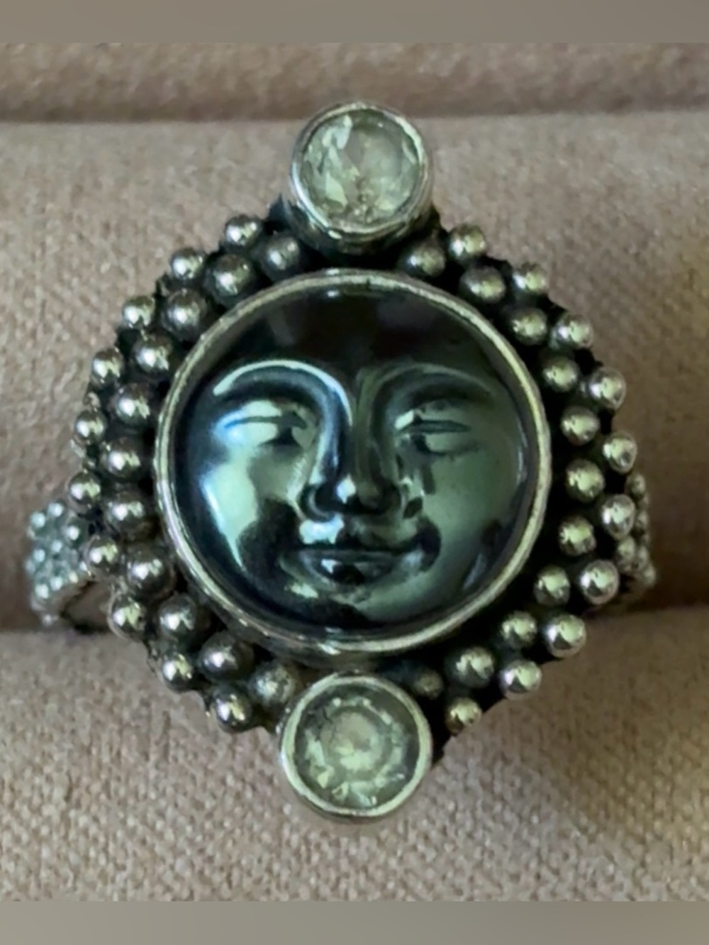 Vintage Signed Sajen Sterling Silver Hematite Moon Face Ring - Size 6